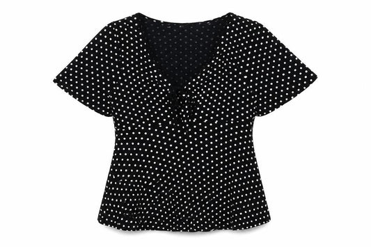 New Look Womens Black Polka Dot Polyester Basic Blouse Size 8 V-Neck - Knot Front