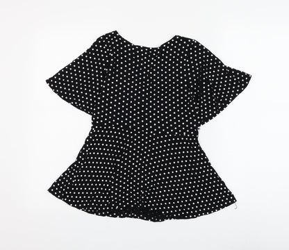 New Look Womens Black Polka Dot Polyester Basic Blouse Size 8 V-Neck - Knot Front