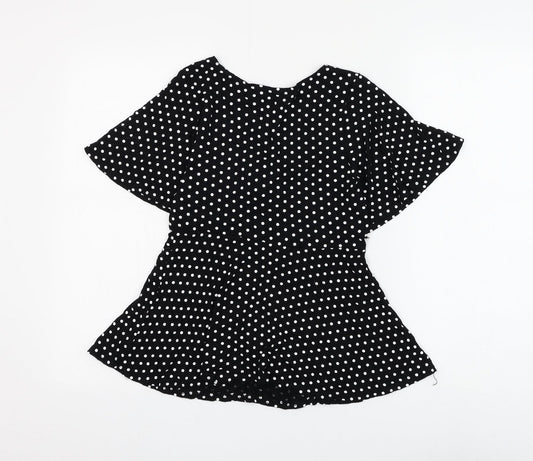 New Look Womens Black Polka Dot Polyester Basic Blouse Size 8 V-Neck - Knot Front