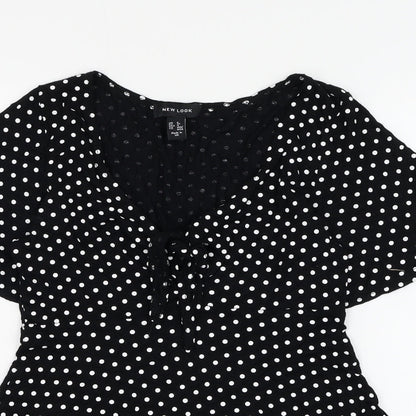 New Look Womens Black Polka Dot Polyester Basic Blouse Size 8 V-Neck - Knot Front