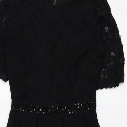 Yumi Womens Black Floral Nylon Shift Size 10 Round Neck Zip