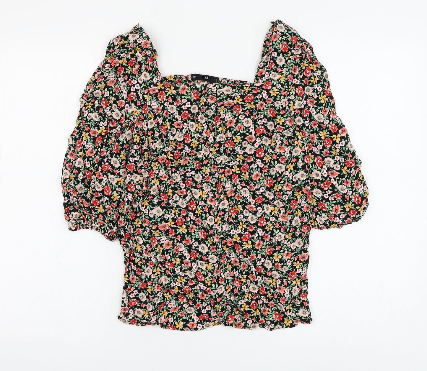 F&F Womens Black Floral Viscose Basic Blouse Size 8 Square Neck