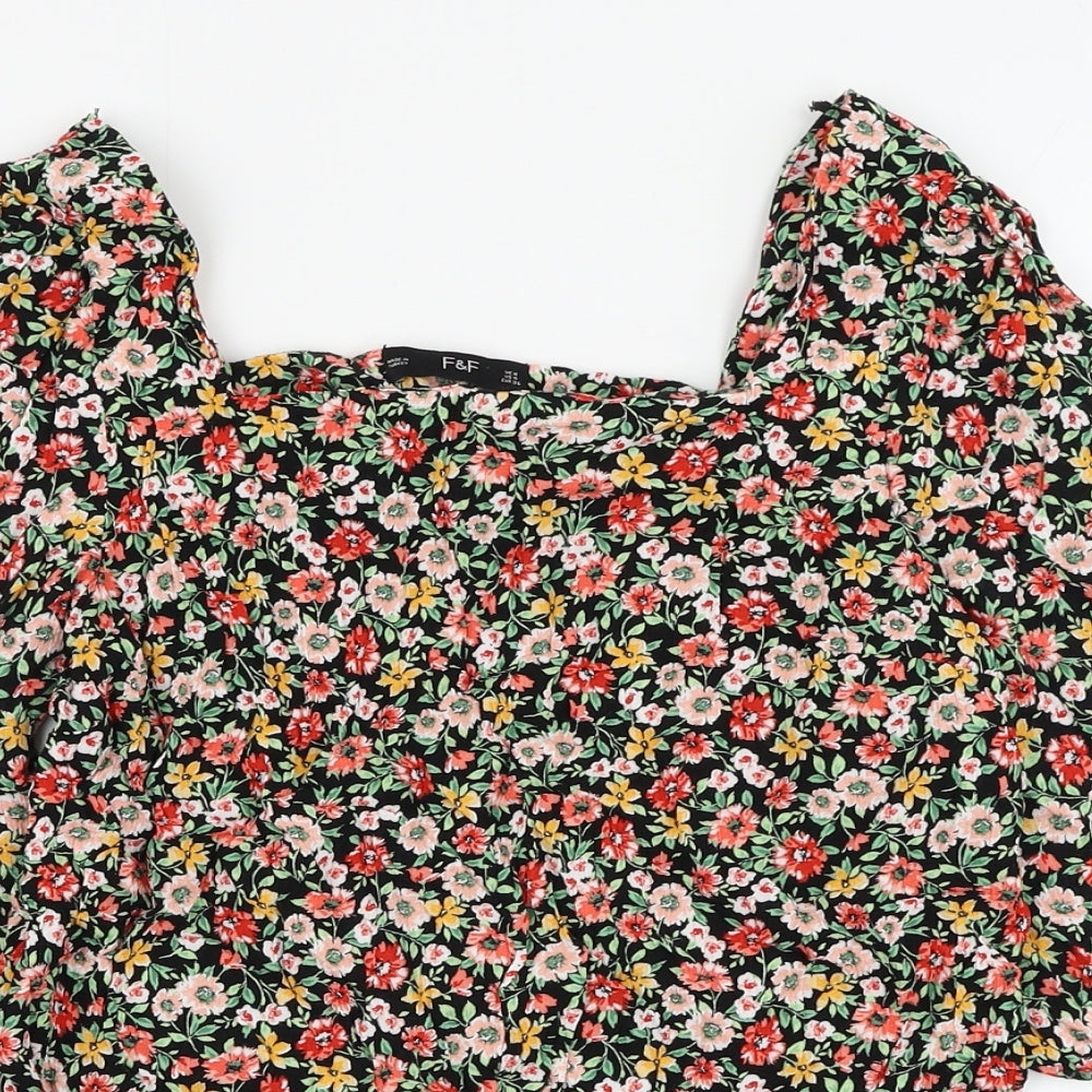 F&F Womens Black Floral Viscose Basic Blouse Size 8 Square Neck