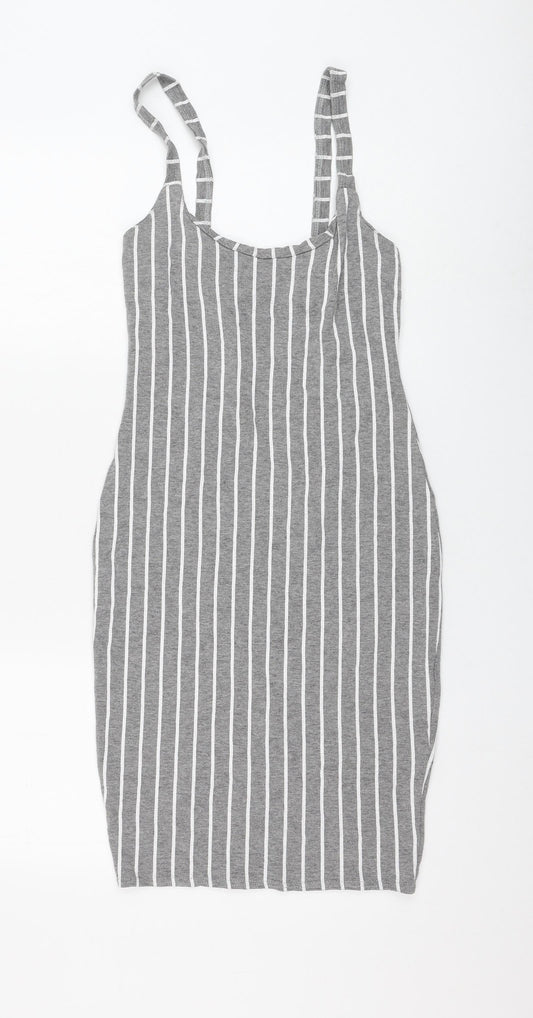 PRETTYLITTLETHING Womens Grey Striped Polyester Tank Dress Size 10 Round Neck Pullover