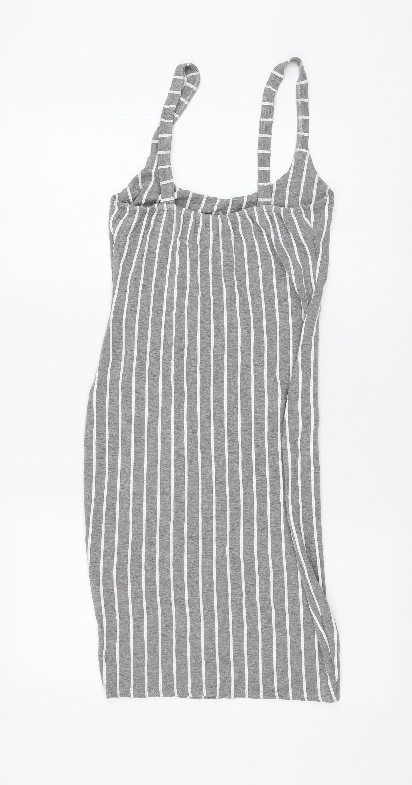 PRETTYLITTLETHING Womens Grey Striped Polyester Tank Dress Size 10 Round Neck Pullover
