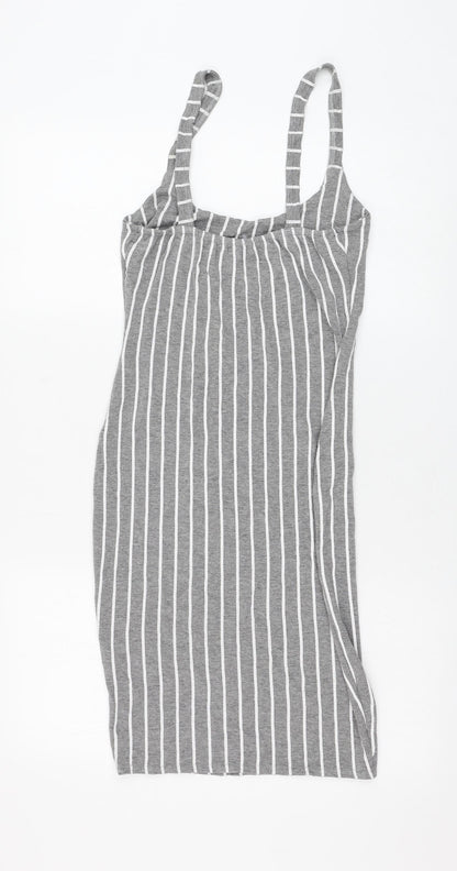 PRETTYLITTLETHING Womens Grey Striped Polyester Tank Dress Size 10 Round Neck Pullover