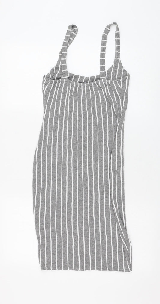 PRETTYLITTLETHING Womens Grey Striped Polyester Tank Dress Size 10 Round Neck Pullover