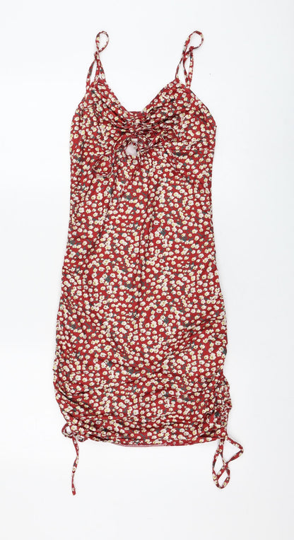 SheIn Womens Red Floral Polyester Pencil Dress Size S V-Neck Pullover - Ruched