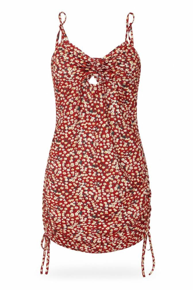 SheIn Womens Red Floral Polyester Pencil Dress Size S V-Neck Pullover - Ruched