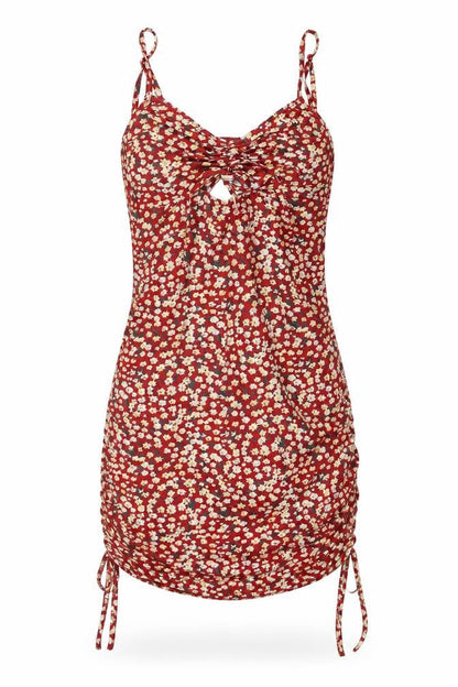 SheIn Womens Red Floral Polyester Pencil Dress Size S V-Neck Pullover - Ruched