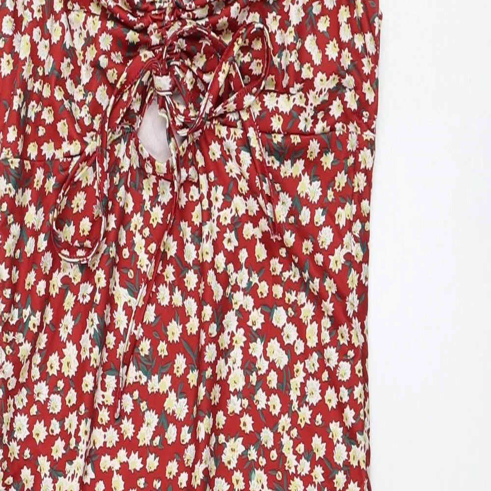 SheIn Womens Red Floral Polyester Pencil Dress Size S V-Neck Pullover - Ruched