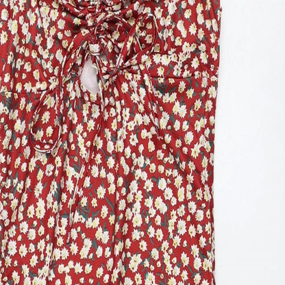 SheIn Womens Red Floral Polyester Pencil Dress Size S V-Neck Pullover - Ruched