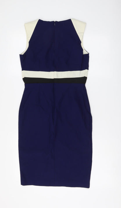 Vesper Womens Blue Colourblock Viscose Bodycon Size 10 V-Neck Zip