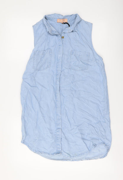Free Heart Womens Blue Cotton Basic Button-Up Size S Collared