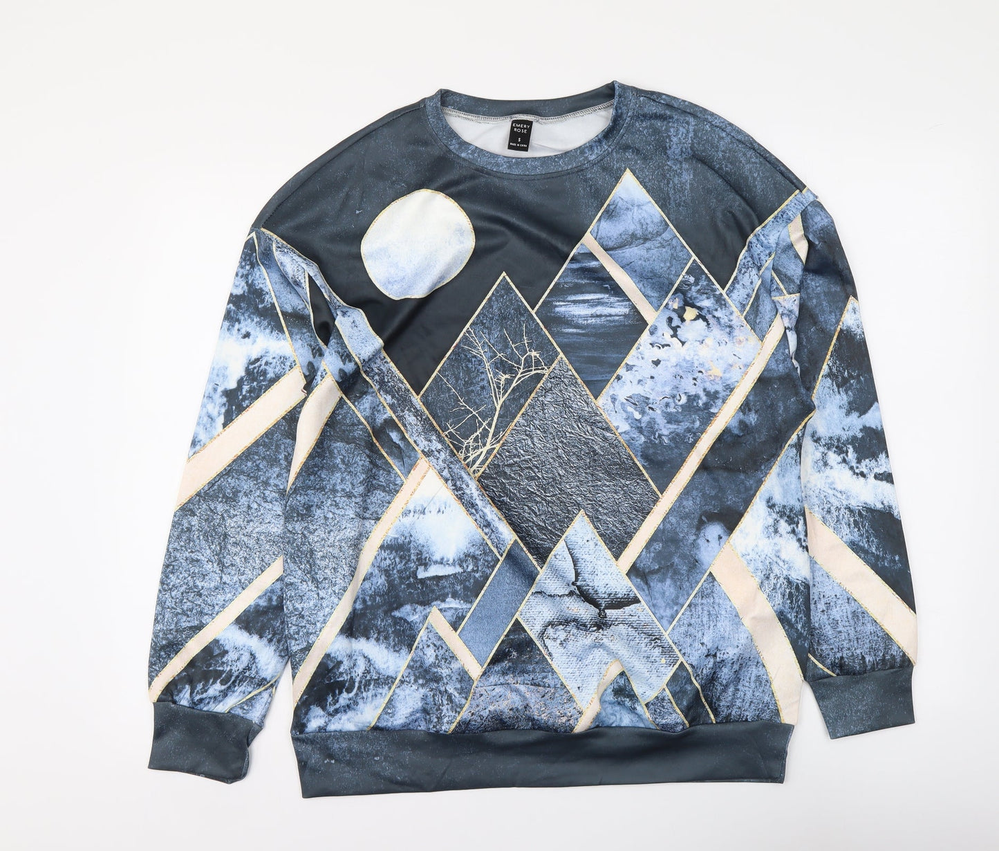 Emery Rose Womens Blue Geometric Polyester Pullover Sweatshirt Size S Pullover
