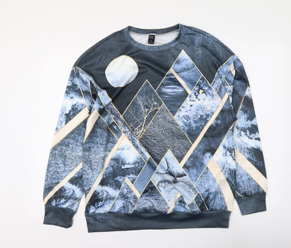 Emery Rose Womens Blue Geometric Polyester Pullover Sweatshirt Size S Pullover