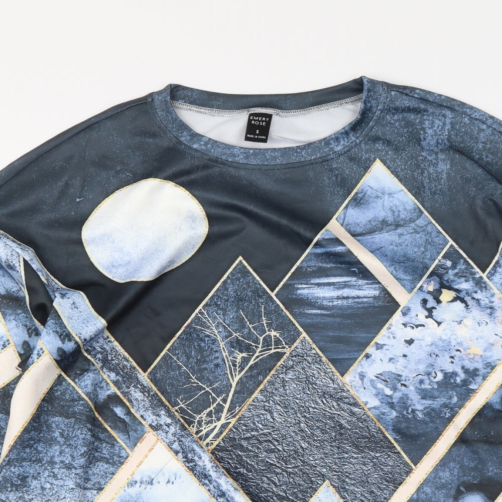Emery Rose Womens Blue Geometric Polyester Pullover Sweatshirt Size S Pullover
