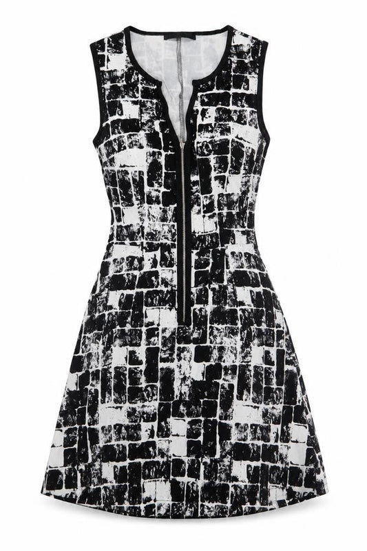 Fashion Union Womens Black Geometric Cotton A-Line Size 10 V-Neck Zip