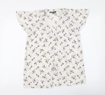 Primark Womens White Floral Polyester Basic Blouse Size 8 V-Neck