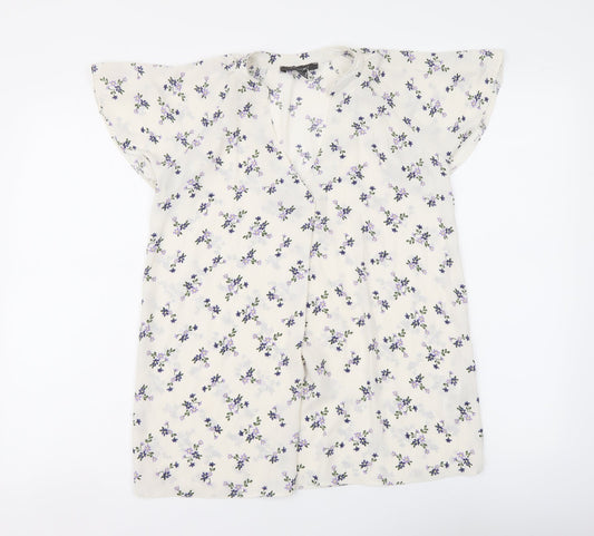 Primark Womens White Floral Polyester Basic Blouse Size 8 V-Neck