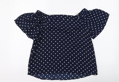 Active Usa Womens Blue Polka Dot Polyester Basic Blouse Size M Off the Shoulder
