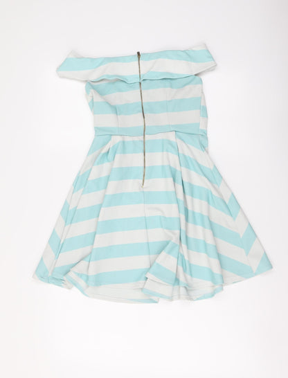 New Look Womens Blue Striped Polyester Mini Size 10 Off the Shoulder Zip