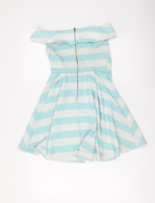 New Look Womens Blue Striped Polyester Mini Size 10 Off the Shoulder Zip