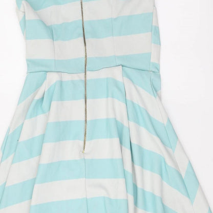 New Look Womens Blue Striped Polyester Mini Size 10 Off the Shoulder Zip