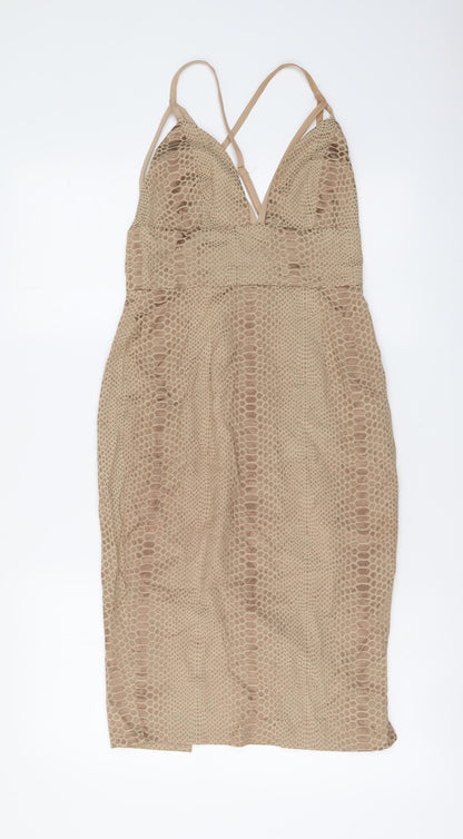 Missguided Womens Beige Animal Print Polyester Bodycon Size 8 V-Neck - Snake Skin Print
