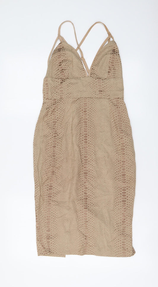 Missguided Womens Beige Animal Print Polyester Bodycon Size 8 V-Neck - Snake Skin Print