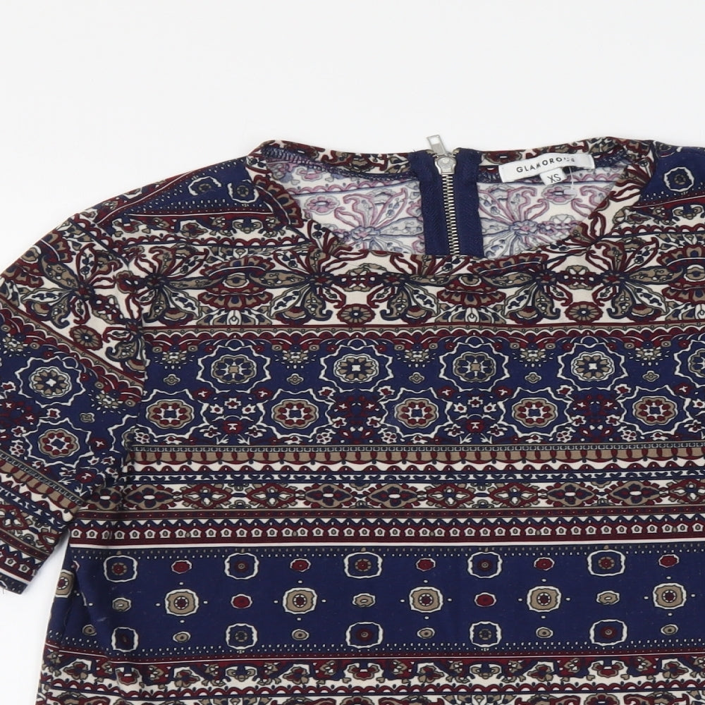 Glamorous Womens Blue Geometric Polyester T-Shirt Size XS Round Neck