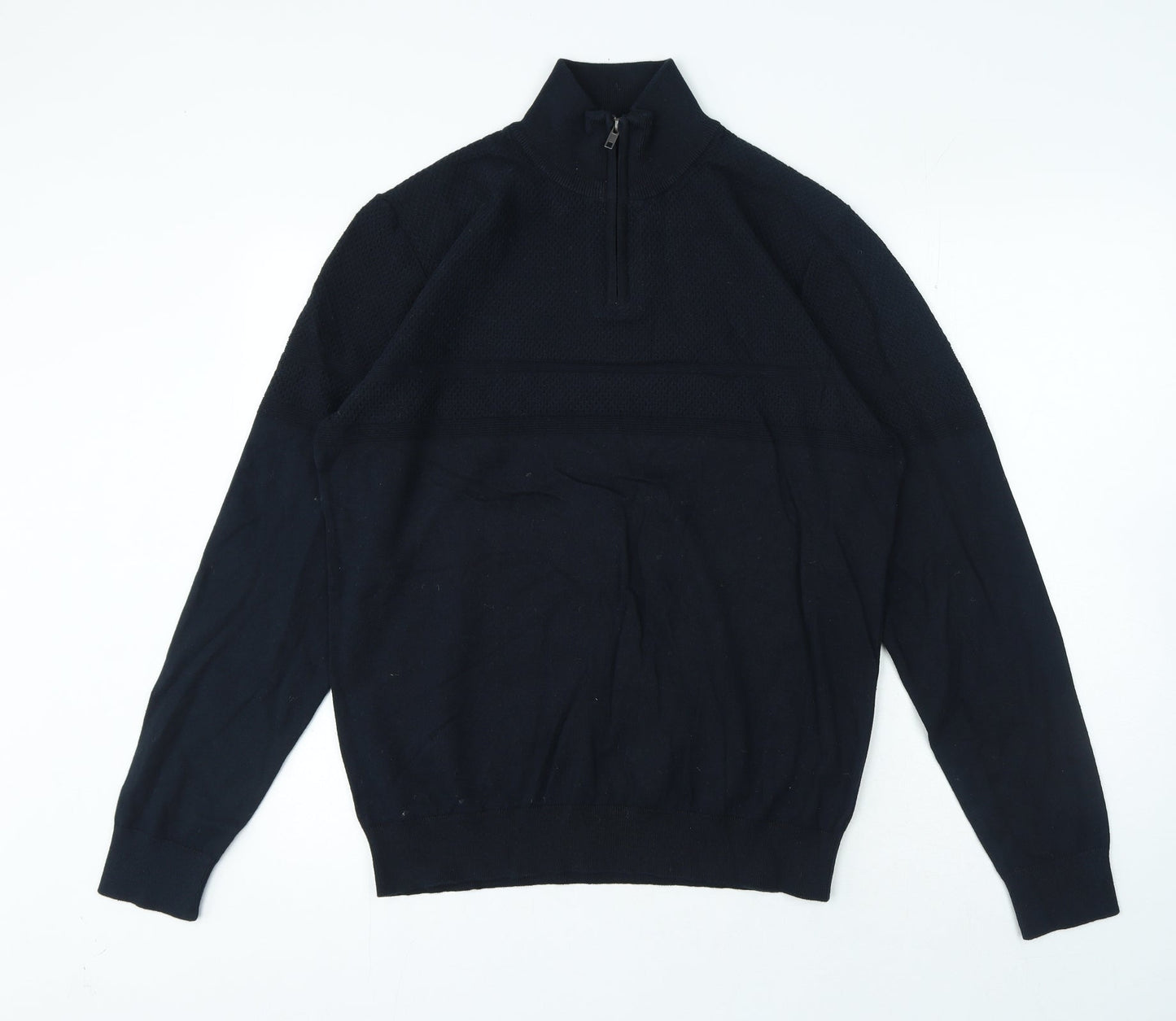 Mens Blue High Neck Herringbone Cotton Pullover Jumper Size L