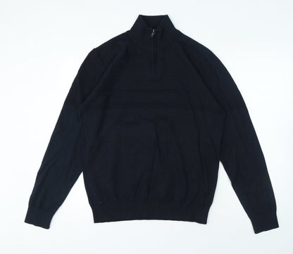 Mens Blue High Neck Herringbone Cotton Pullover Jumper Size L