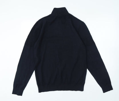 Mens Blue High Neck Herringbone Cotton Pullover Jumper Size L