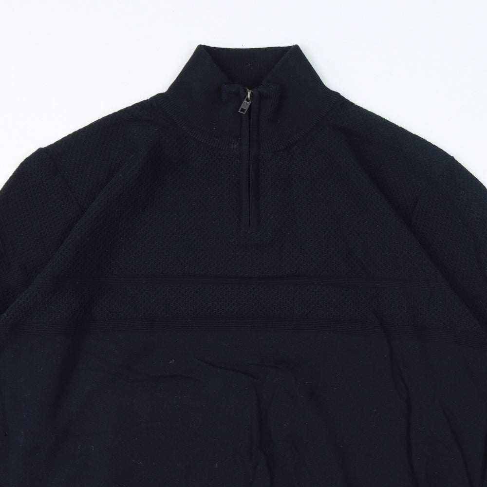 Mens Blue High Neck Herringbone Cotton Pullover Jumper Size L