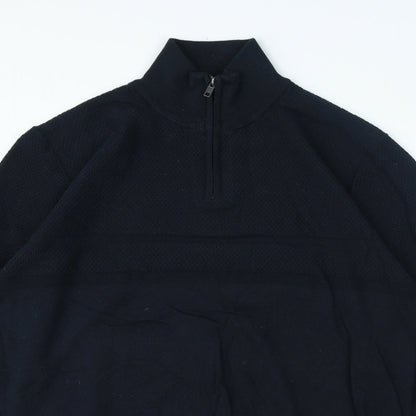 Mens Blue High Neck Herringbone Cotton Pullover Jumper Size L