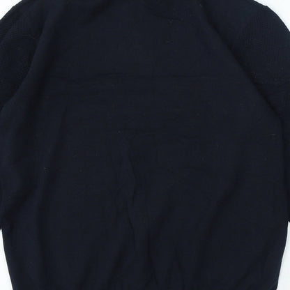 Mens Blue High Neck Herringbone Cotton Pullover Jumper Size L