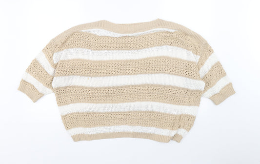 F&F Womens Beige Boat Neck Striped Acrylic Pullover Jumper Size 18