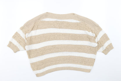 F&F Womens Beige Boat Neck Striped Acrylic Pullover Jumper Size 18
