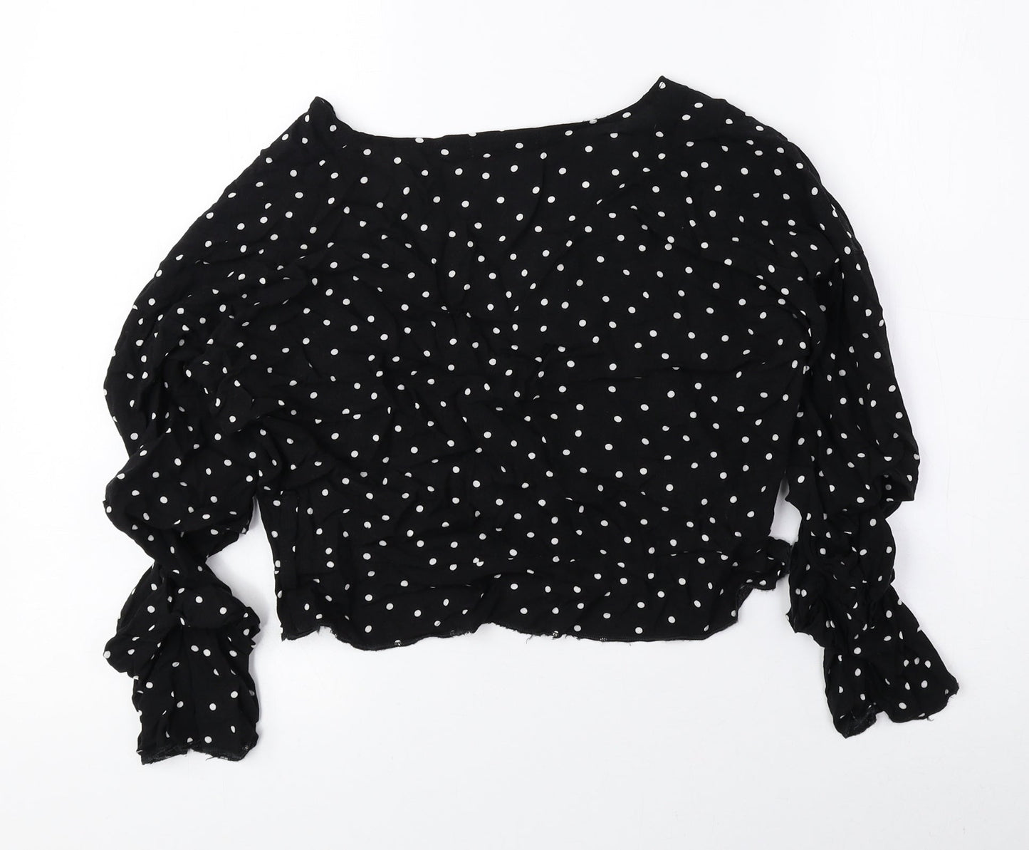 PRETTYLITTLETHING Womens Black Polka Dot Viscose Cropped Blouse Size 10 V-Neck - Ruched