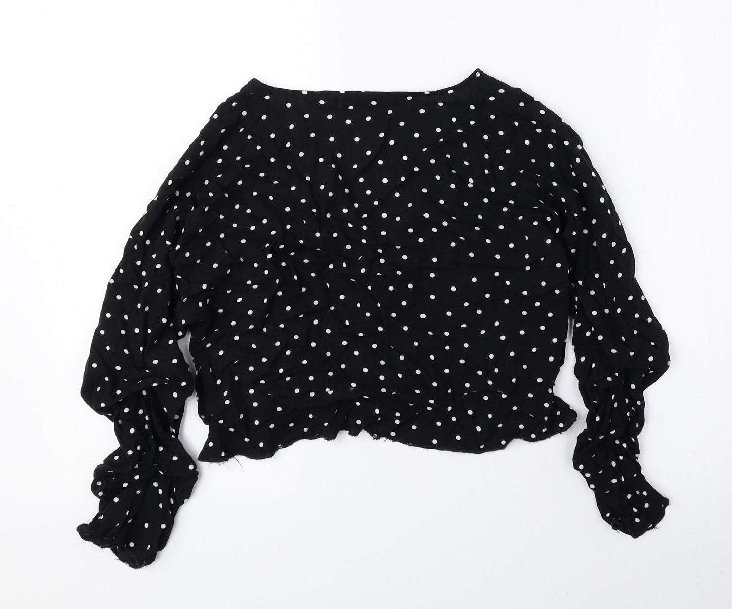 PRETTYLITTLETHING Womens Black Polka Dot Viscose Cropped Blouse Size 10 V-Neck - Ruched