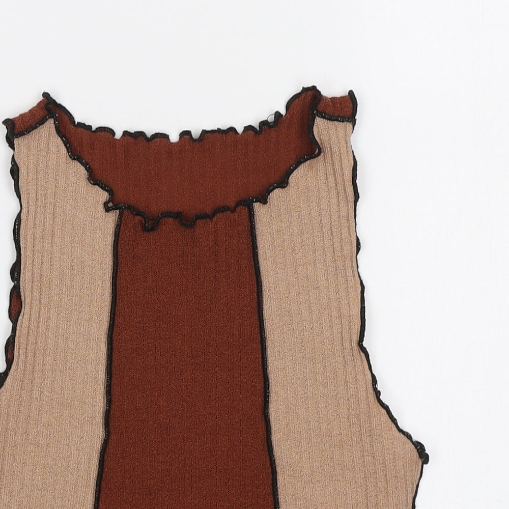 SheIn Womens Brown Colourblock Polyester Basic Tank Size XS Boat Neck