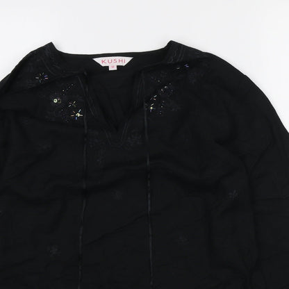 Kushi Womens Black Ramie Basic Blouse Size M V-Neck