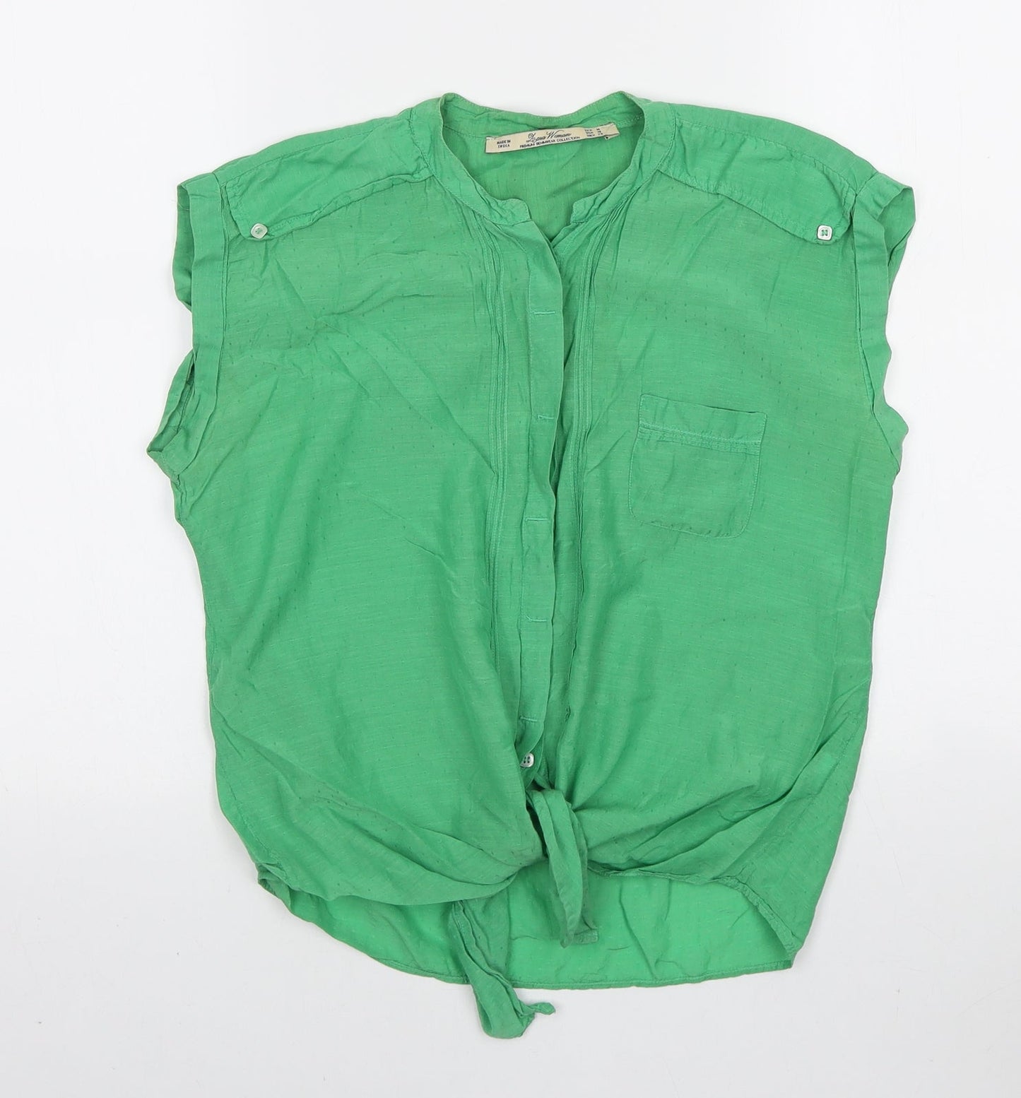 Leara Woman Womens Green Polyester Basic Button-Up Size M Round Neck - Knot detail