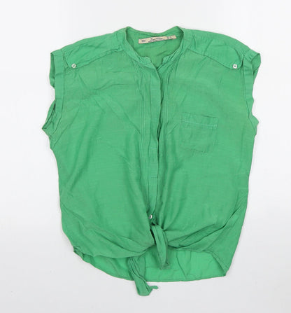 Leara Woman Womens Green Polyester Basic Button-Up Size M Round Neck - Knot detail