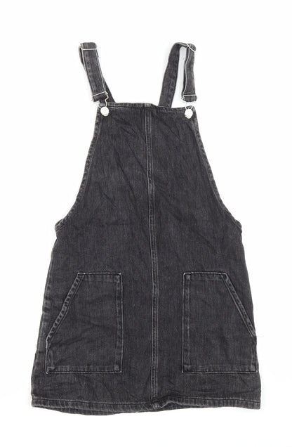 Topshop Womens Black Cotton Pinafore/Dungaree Dress Size 6 Square Neck Button