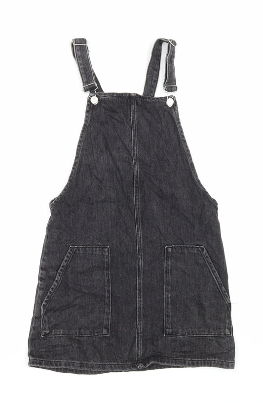 Topshop Womens Black Cotton Pinafore/Dungaree Dress Size 6 Square Neck Button