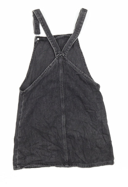 Topshop Womens Black Cotton Pinafore/Dungaree Dress Size 6 Square Neck Button