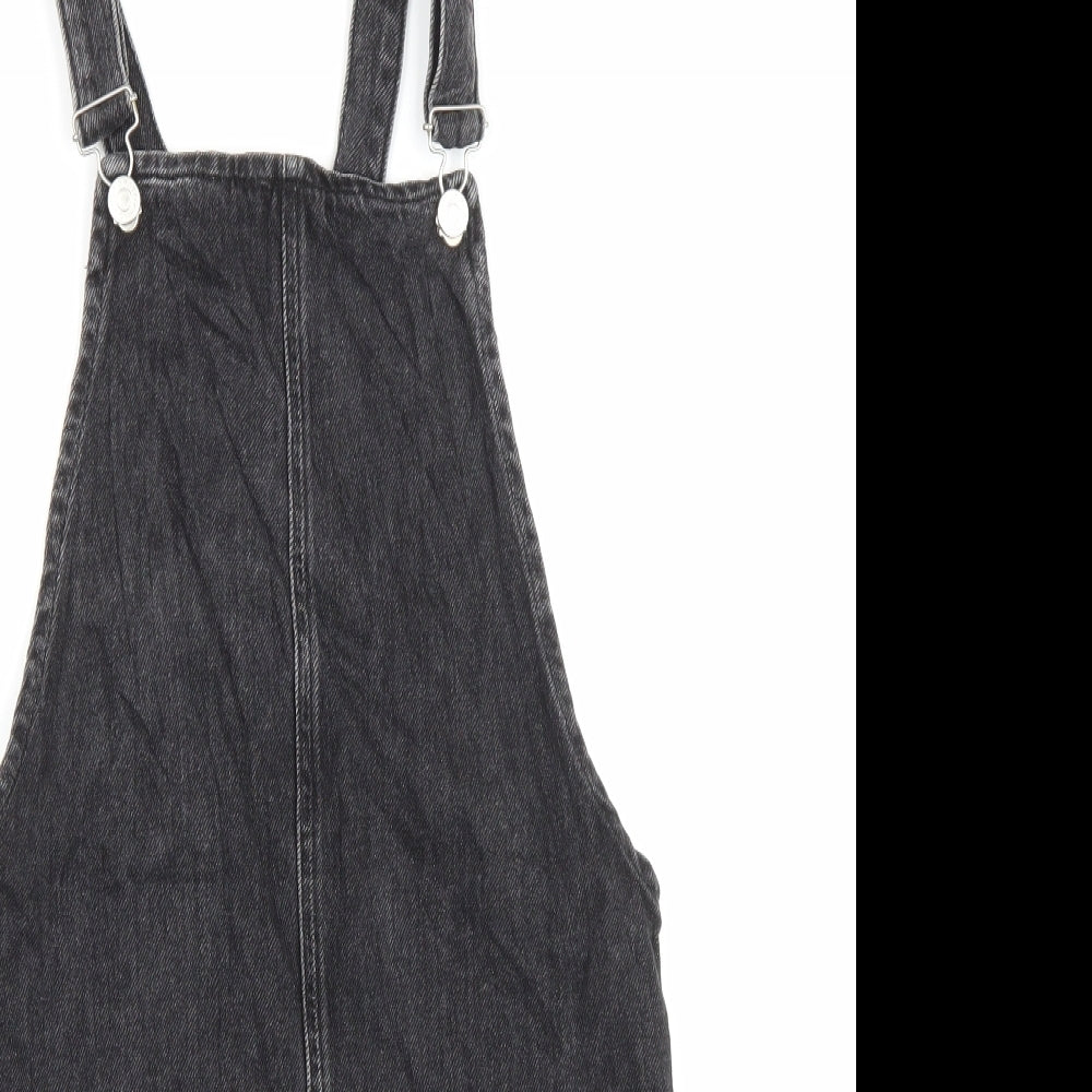 Topshop Womens Black Cotton Pinafore/Dungaree Dress Size 6 Square Neck Button