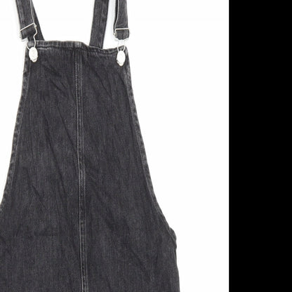 Topshop Womens Black Cotton Pinafore/Dungaree Dress Size 6 Square Neck Button